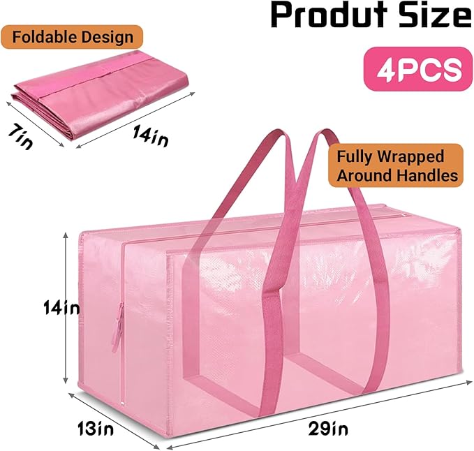 4Pack Extra-Large portable Moving Bag, foldable storage bags, suitable for moving, packing and organizing. Waterproof and reusable laundry travel bags, used for storing clothes, toys and bedding.