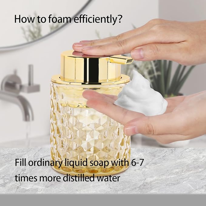 10 Oz Glass Hand Soap Dispenser with Pump, Refillable Bathroom Gold Foaming Soap Dispenser, Vintage Glass Diamond Lotion Container Bottle for Bathroom and Kitchen (1, Amber and Gold)
