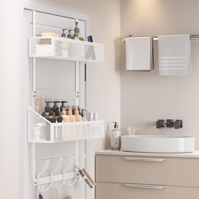 12-Hook Over Door Organizer with 2 Mesh Baskets Space-Saving 2-Tier Hanging Rack for Towels, Coats & Pantry Items, Heavy Duty Metal Storage for Bathroom, Kitchen & Bedroom, White