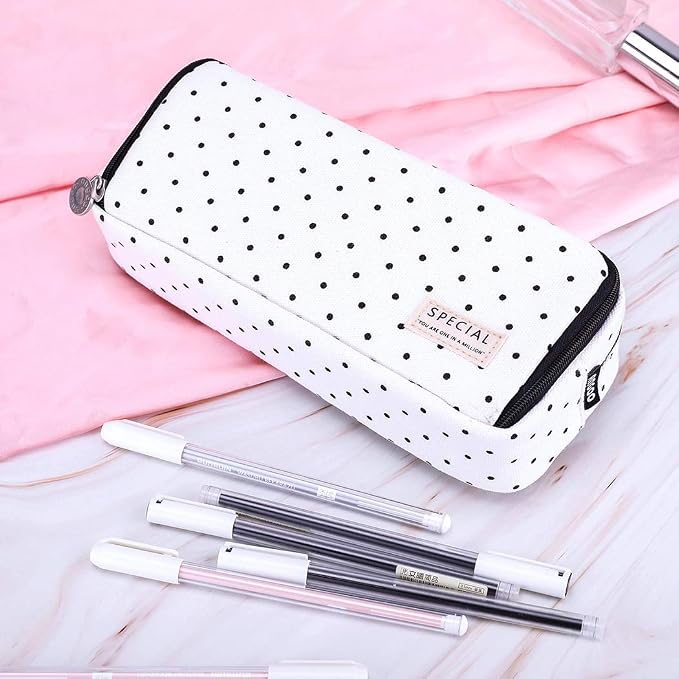 iSuperb Large Pencil Case Big Capacity Pencil Pouch 3 Compartments Pen Bag Canvas Marker Pen Bag for Teen Boys Girls School Students (Black Polka Dot)