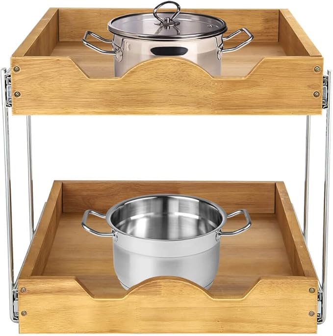 DINDON 2 Tier Pull Out Cabinet Organizer (14" W x 21" D) Double Tier Slide Out Wood Drawer Under Cabinet Storage And Organization