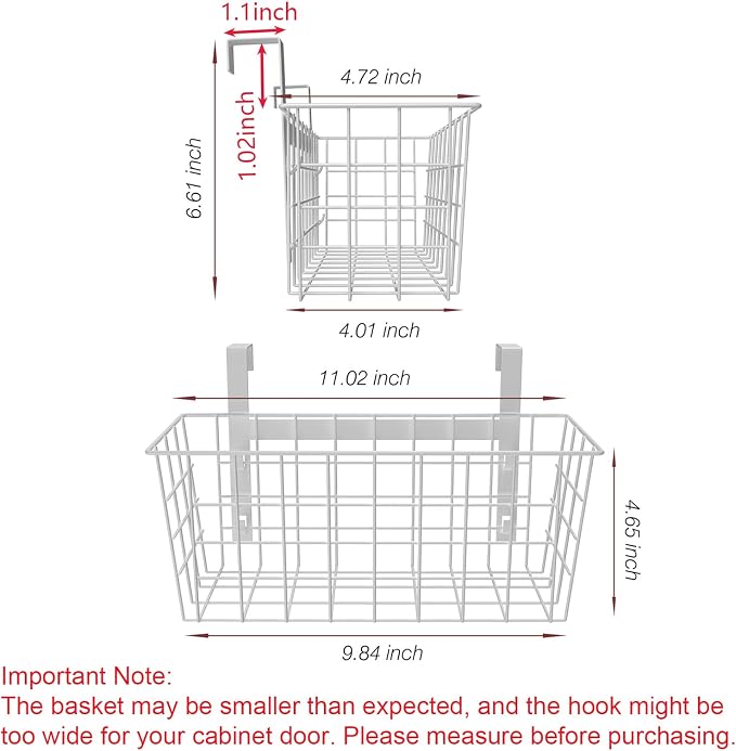 MaraFansie Basket with Hook, Grid Storage Basket, Over the Cabinet Door Organizer, Wire Hanging Basket with Hook Over the Railing, Under Sink Kitchen Cabinet, Pantry, Bathroom, White, 2 Pack
