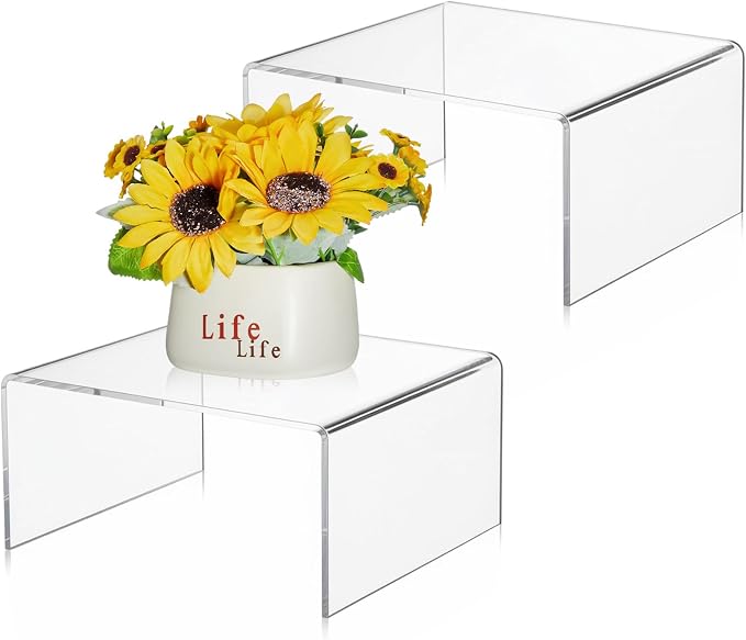 RattanView 2 Pcs 9 x 9 Inch Large Acrylic Risers Display Stands 5 mm Thick Acrylic Shelf Riser Showcase for Collectibles Jewelry Cupcakes Food Figures Perfume Cabinet (Clear)