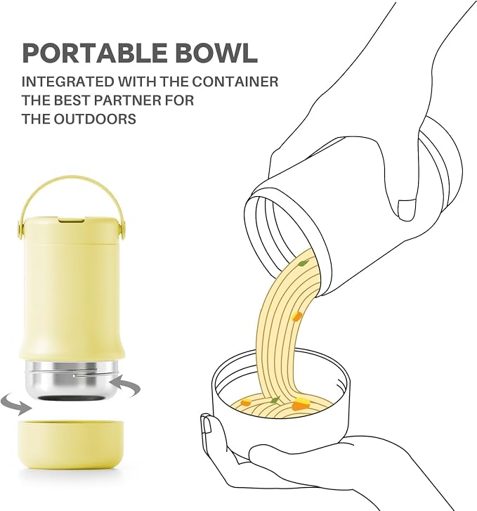 Ideus Soup Thermo with Foldable Spoon and Bowl 20oz, All-in-one Insulated Bento Lunchbox Stainless Steel Leakproof Portable Soup Container Vacuum Thermal Food Jar for Lunch (Light Yellow)