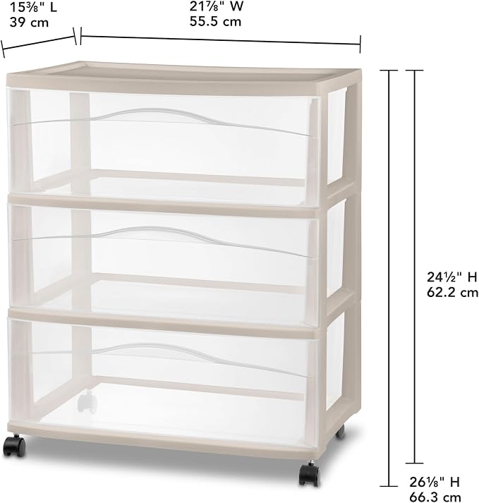 Sterilite 2 Pack Wide 3 Drawer Storage Cart, Rolling Organization, Grey | Clear Plastic Organizer Drawers with Wheels for Craft Supplies, Bath Essentials, or Home Accessories