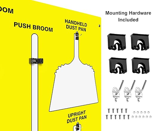 Clean & Sweep 5S Shadow Board/Wall Mount Broom Holder, 68" x 30" Board, 5S Cleaning Station - with Broom and Dustpan Set Included, Made in The USA by AccuformNMC, Yellow/White, PSB616YLWT