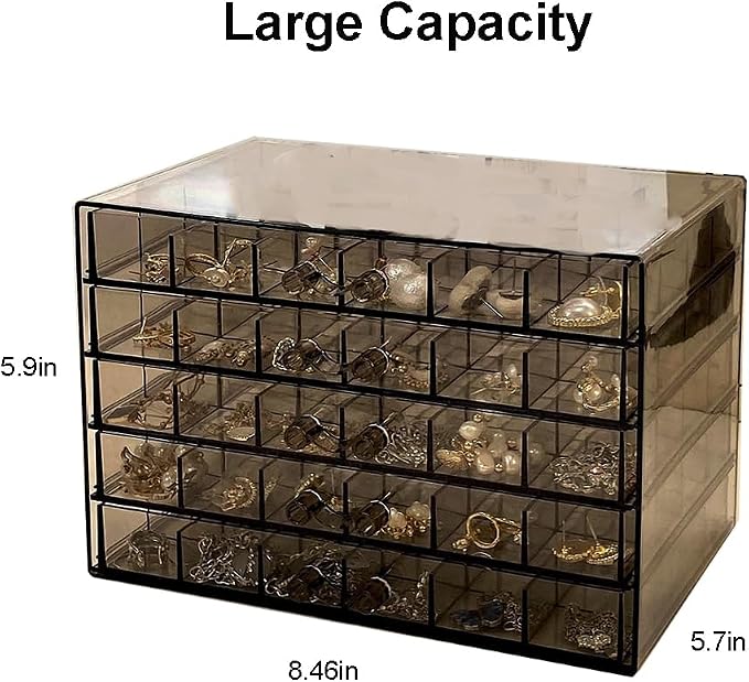 SPAKOWN Earring Organizer Acrylic Jewelry Holder Organizer with 5 Drawers | Stackable Earring Storage Case Jewelry Boxes for Women (Gray)