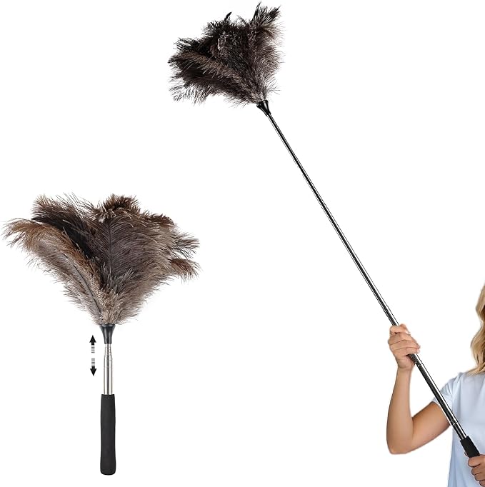 THARAHT Extendable Ostrich Feather Duster up to 16-47 inches Fluffy Feathers Long Handle Reusable for Cleaning Ceiling Fan Pendant lamp High Ceiling Blinds Furniture Feather Duster