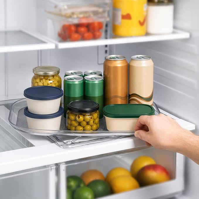Oizeir Refrigerator Lazy Susan Turntable – Clear Rectangular Fridge Organizer with Suction Cups, 360° Rotating Tray for Side-by-Side Refrigerators, Cabinet & Pantry Organization