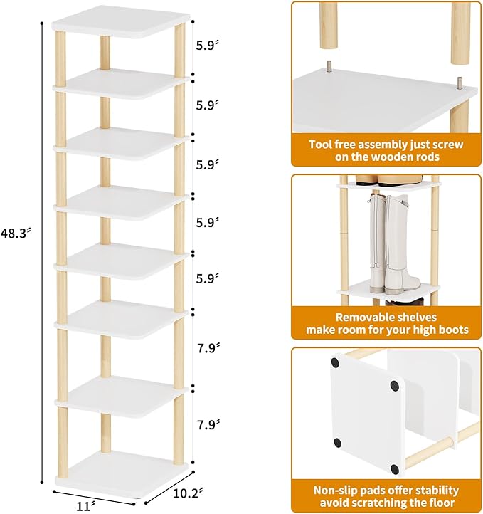 8 Tiers Vertical Shoe Rack, Tall Narrow Shoe Tower, Corner Shoe Rack, White | Small Shoe Organizer for Entryway, Closet, Dorm & Small Spaces, Freestanding Wooden Shoe Shelf for Boots, Sneakers, Heels.