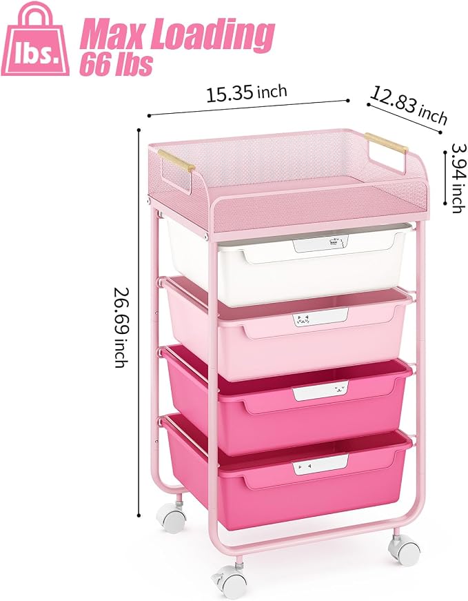 SYKIARIOL 4-Drawer Rolling Storage Cart with Mesh Top, Utility Craft Organizer Cart on Wheels with DIY Labels, Rolling Drawer Cart for Home Office Classroom Bedroom, Rose Pink
