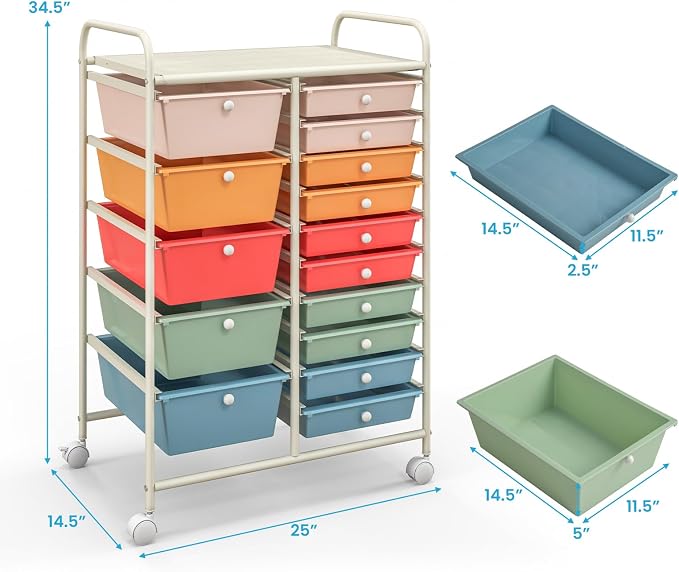 Moccha 15-Drawer Rolling Storage Cart - Under Desk Storage Drawers with wheels for Craft Art Supply Paper Salon, Scrapbook Paper Tools, Mobile Utility Cart for Classroom (15 Drawers, Macaron)