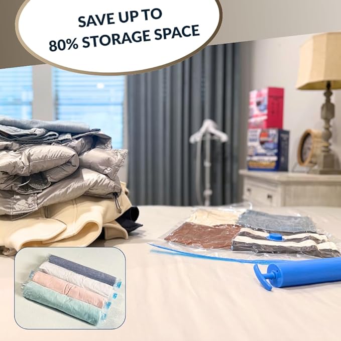 25 Pack Vacuum Storage Bags with Pump, Compression Space Saver for Comforter, Bedding, Blanket Storage, Vacuum Seal Bags for Clothing, Travel Luggage Suitcase and Closet Organizer