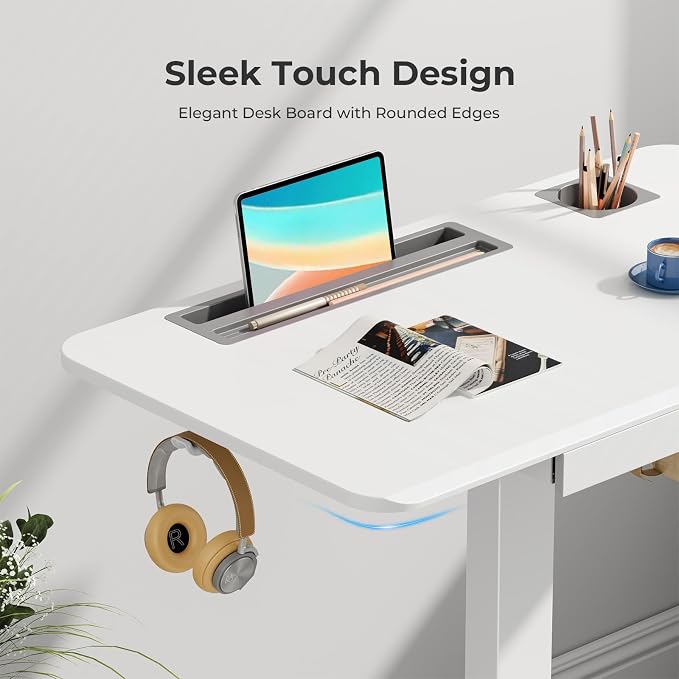 28" Mobile Standing Desk with Drawer, Portable Laptop Desk | Rolling Desk with Cup Holder & Hooks, Height Adjustable Computer Cart on Wheels for Classroom, Study Desk with Storage, White
