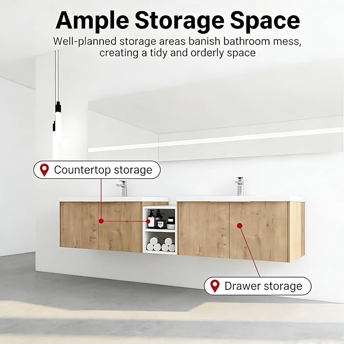 58IN Bathroom Vanity with Double Sink, Modern Solid Wood Floating Bathroom Sink Cabinet, Anti-Fog Mirror, Smart Storage Solutions, Waterproof Design, Open Shelving for Easy Access