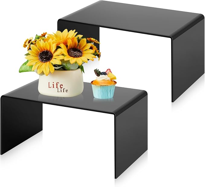 RattanView 2 Pcs 12 Inch Large Acrylic Risers Display Stands 5 mm Thick Acrylic Shelf Riser Showcase for Collectibles Jewelry Cupcakes Food Figures Perfume Cabinet (Black)