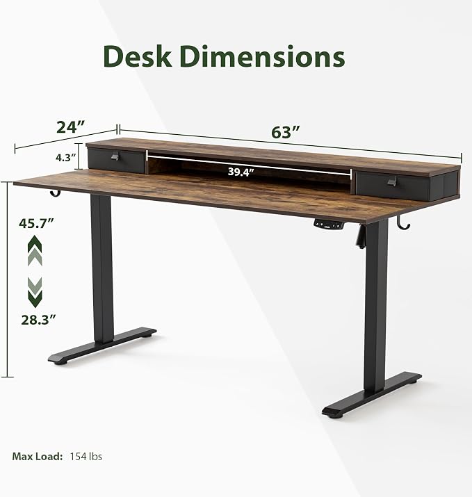 Agilestic 63 x 24 Inches Electric Standing Desk with 2 Storage Drawers, Stand Up Desk Adjustable Height, Sit and Stand Computer Table with Splice Board, Black