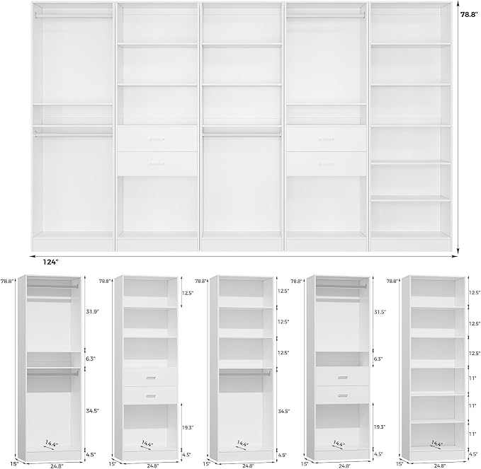 VOWNER 50'' Freestanding Closet System with 10 Adjustable Shelves, Wood Walk-in Closet Organizer System, Clothes Garment Rack, Adjustable Shelving Unit, Small Wardrobe Closet Bedroom Entryway