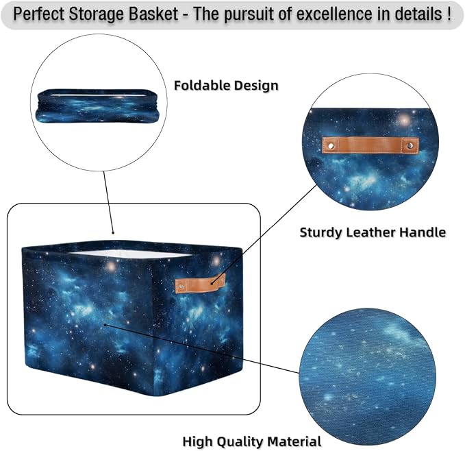 Rectangular Storage Baskets Blue Nebula Pattern Fabric Storage Bin Toy Organizer Box with PU Leather Handles for Room Decor