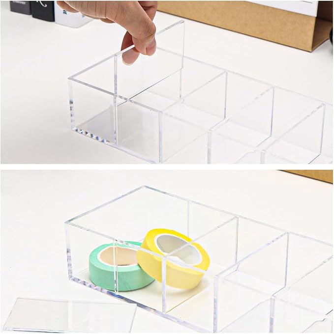 MEI YI TIAN Clear PS Stationery Organizer Small Pen Holder Detachable Storage Boxes 6 Compartments Case Compact Makeup Organizer for Desk Drawer