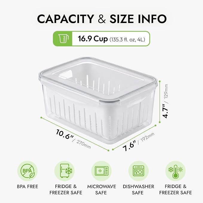 carrotez 16.9 Cup Produce Saver Container for Fridge with Colander 4.0L | Airtight Fruit & Vegetable Storage Bin, Removable Strainer Basket, BPA-Free, Stackable, White Colander