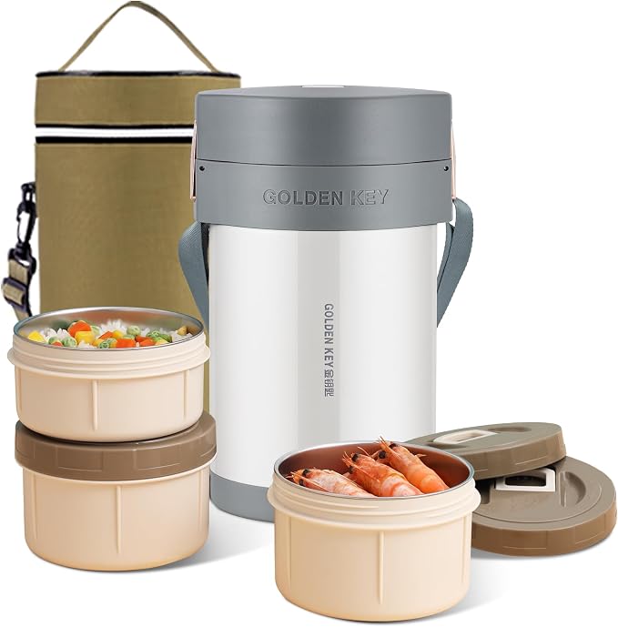 GOLDEN KEY 74 oz Stainless Vacuum-Insulated Container for Hot Food Adult | Wide Mouth Large Food Container with 3 Stackable Storage Container Inserts and Lunch Bag,Hot & Cold Soup Insulated Food Jars
