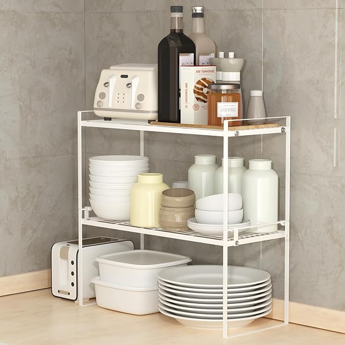 2 Pack Stackable Cabinet Shelf Organizer - Heavy-Duty Coated Metal Storage Rack, Non-Slip Space-Saving for Kitchen Pantry, Under Sink, Cupboard, Countertop (White)