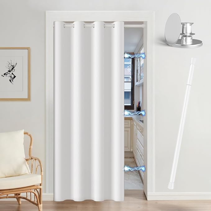 Vatge Magnetic Doorway Curtain with Rod, W52 x L82, 1 Panel, Grayish White | Light Filtering Door Curtain for Pantry, Soft Fabric, Easy to Access