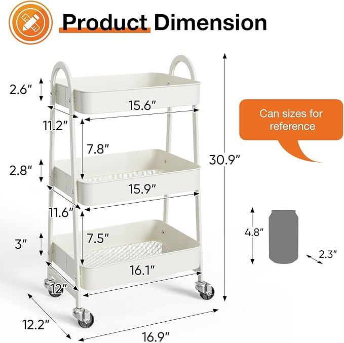 NEWBULIG 3-Tier Metal Rolling Cart with Lockable Wheels, Heavy Duty Mobile Utility Storage Shelf, Roller Book Snack Cart, Organization for Livingroom, Bathroom, Office, White