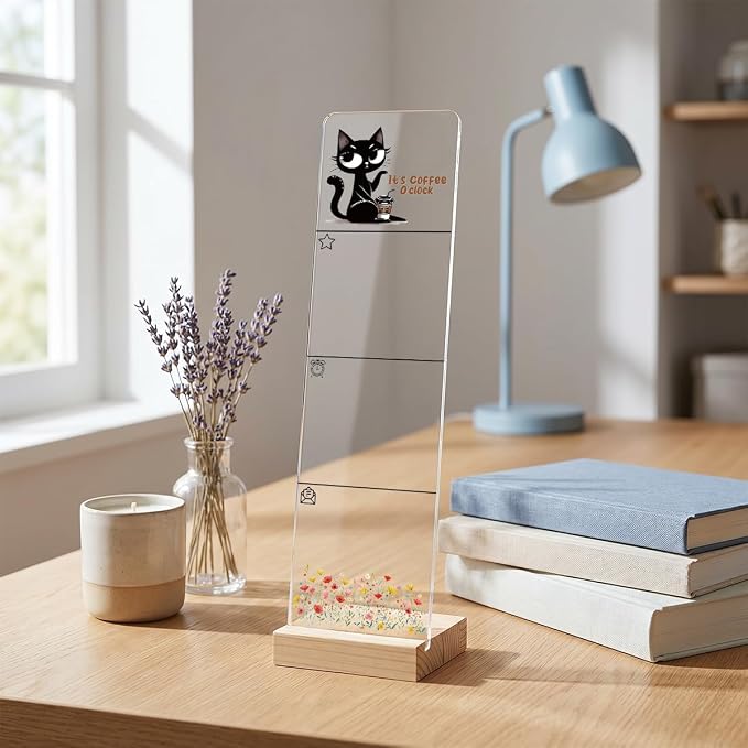 Sticky Note Holder, Monitor Memo Board, Acrylic Post It Note Holder with Wooden Base, Includes 200 Notes, Desk Organizer, Funny Black Cat Quote “It’s Coffee O’Clock”
