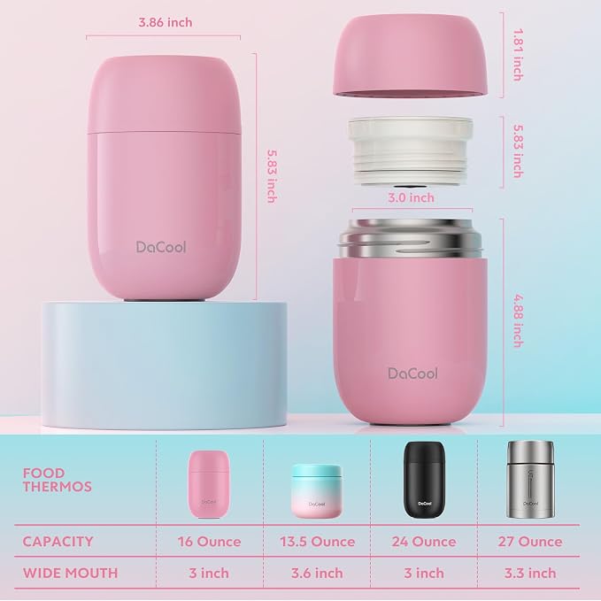 DaCool Insulated Food Jar Food Thermo Kids Thermo for Hot Food 16 oz Stainless Vacuum Bento Lunch Therm for Kids Girls Adult with Spoon Leak Proof for School Office Picnic Travel Outdoors, Pink