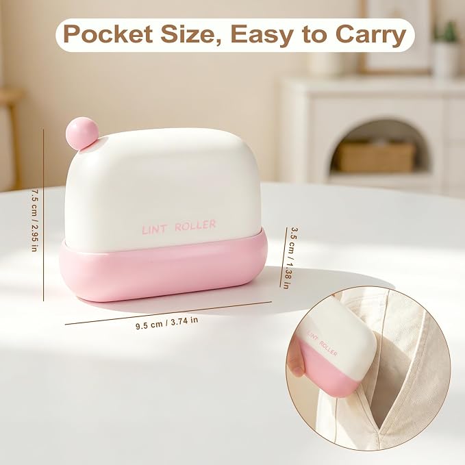 Disposable Mini Lint Roller with 4 Refills, PinkWhite | Portable, Easy Tear Residue-Free, Pocket-Sized for Travel Clothes, Furniture, Carpets, Pet Hair Remover, Fits in Wallet Bag