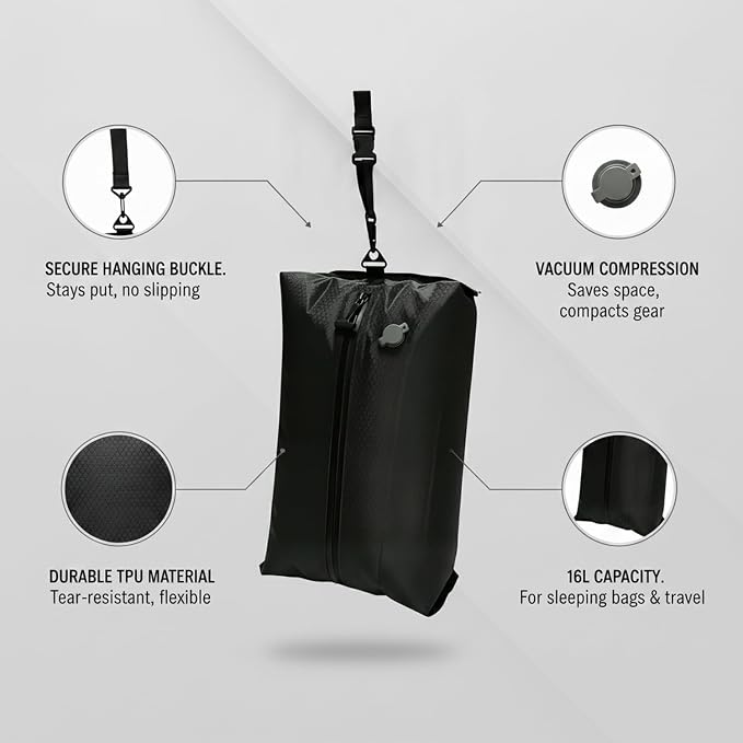 16L TPU Vacuum Compression Bag with Hanging Buckle, Manual Air Removal Storage Sack for Sleeping Bags & Travel Gear, Black