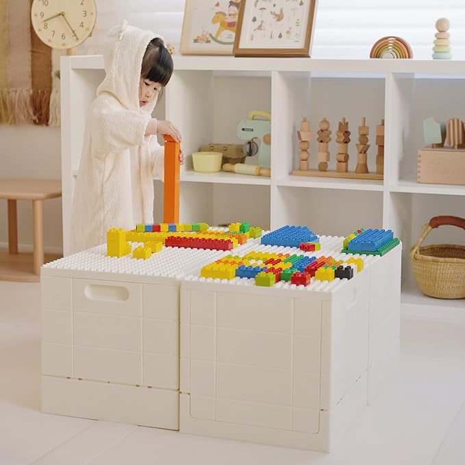 SHIMOYAMA Plastic Foldable Kid Storage Box, 25L Storage Toy Bins with Building Base for Duplo Bricks, 26Qt. Toy Chest for Duplo Blocks, White