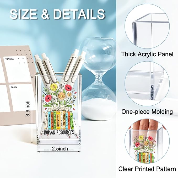 Human Resources Acrylic Cosmetic Pencil Holder Cup, Floral Books Pen Holder for Home Office Desk Accessories for HR Manager Director, Pen Organizer, Marker Holder, Funny HR Work Thank You Gifts