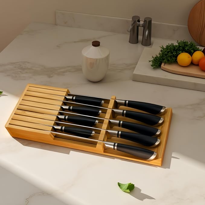 In-Drawer Bamboo Knife Block, 9-Slot Anti-Slip Space-Saving Storage | Fits Most Standard Drawers | Holds Up to 9 Knives | Natural Bamboo Finish | Secure Stable Knife Drawer Insert Organizer
