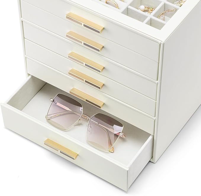 VLANDO 6-Drawer Jewelry Box with Glass Lid, Faux Leather Organizer for Rings Earrings Necklaces and More, Gift-Ready Jewelry Case for Women Girls or Moms, Beige