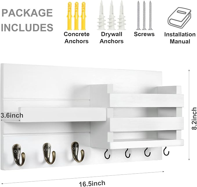 Lwenki Mail Organizer for Wall Mount – Key Holder with Shelf Includes Letter Holder and Hooks for Coats, Dog Leashes – Rustic Wood with Flush Mounting Hardware (16.5” x 8.7” x 3.5”)
