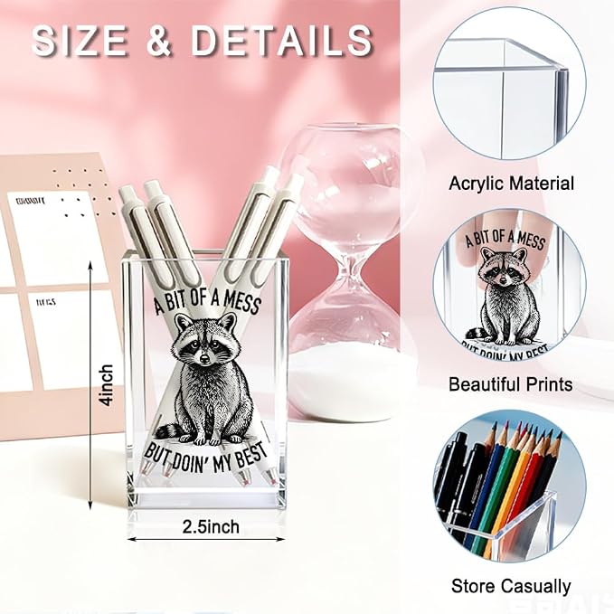 Bit Of A Mess But Doin' My Best Acrylic Pencil Pen Holder Cup, Feral Racoon Makeup Brush Storage Organizer, Cute Mental Health Desk Accessories Holder, Sarcastic Office Gifts for Colleague