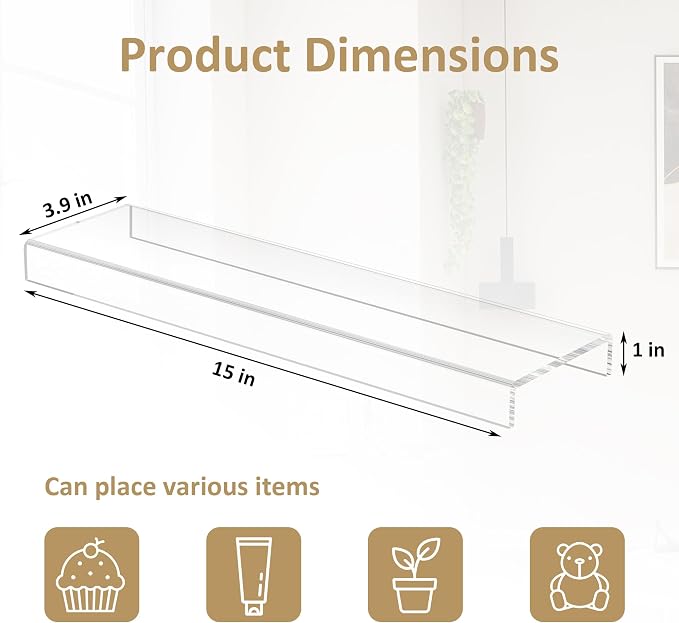 Acrylic Shelf Riser 15x3.9x1 pack of 2, Countertop Acrylic Display Storage Organizer for Shoes, Glasses, Plants, Home Decors, Perfume, Books, Dolls, 15x3.9x1 Inch