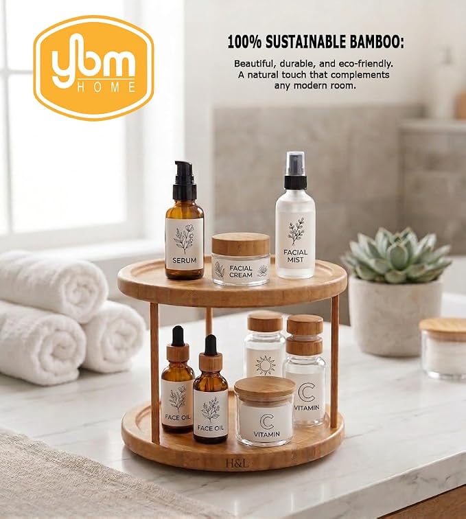 YBM Home Bamboo Wooden Non-Skid Spinner for Kitchen, Pantry, Fridge, Cupboards, or Counter Organizing, Fully Rotating Organizer
