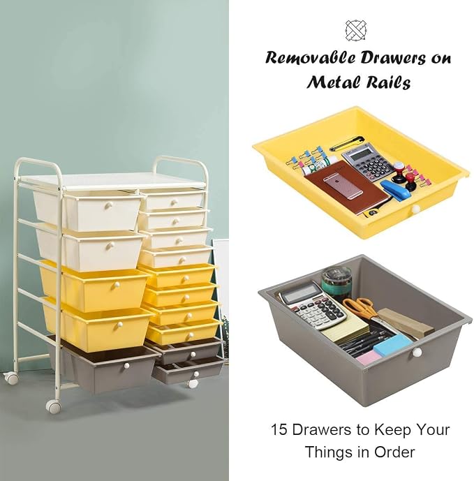 Moccha 15-Drawer Rolling Storage Cart - Under Desk Storage Drawers with wheels for Craft Art Supply Paper Salon, Scrapbook Paper Tools, Mobile Utility Cart for Classroom (15 Drawers, Yellow)