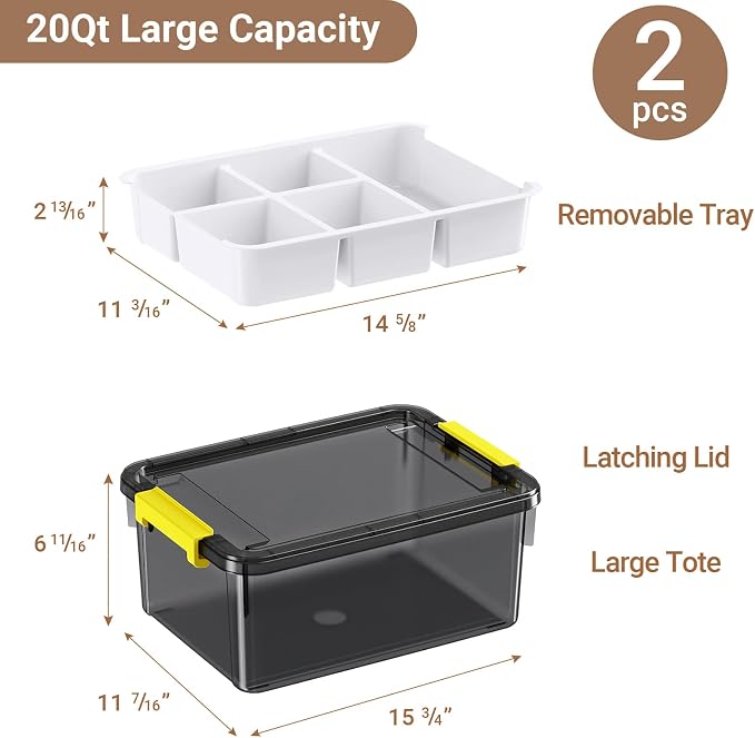 40Qt Stackable Storage Bins with Lids & Trays, Clear Plastic Latching Boxes Organizers with Dividers Portable 10Gal Containers for Arts & Crafts, Home & Car Trunk Organization, Grey, 2Pack