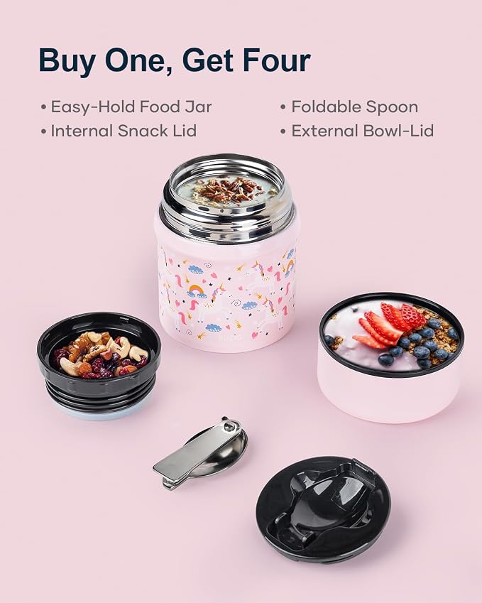 BUZIO Kids Food Jar for Hot Food, 10 oz Insulated Lunch Containers Vacuum Insulated Soup Container, Leak Proof Food Jar with Folding Spoon for School Office Travel, Unicorn