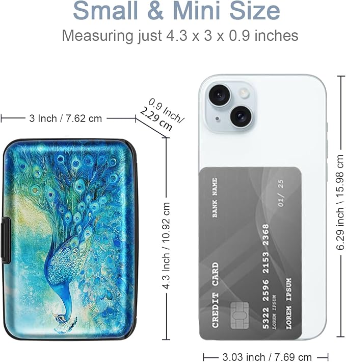 Coco Rossi Credit Card Holder RFID Aluminum Small Mini Wallet Women | Metal Wallet, Business Cards Holder, ID Case, Slim Sleeves, Womens Girls Gift, Carry Proof Wallets for Travel, Peacock