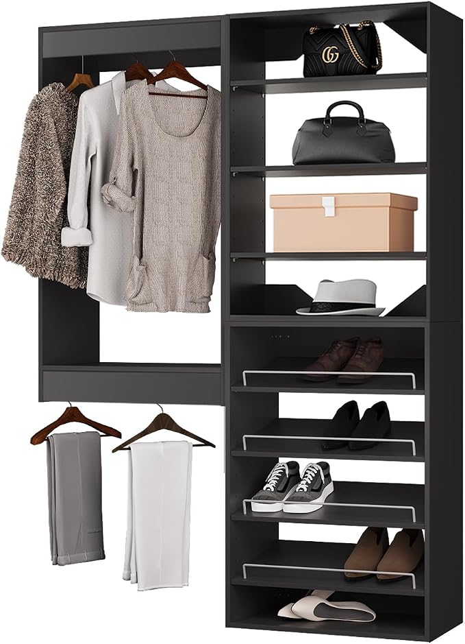 ROOMTEC Modular Closet System, 52" Wall Mounted Closet Organizer with Hanging Rods and Shoe Shelf, Wooden Tower for Walk-In Closets, Wardrobe Storage Kit, Black