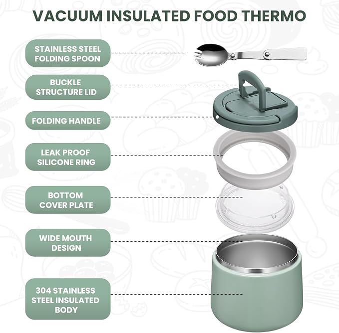 Itslife Soup Thermo for Hot Food Kids 25.5oz Lunch Containers with Buckle Lid Wide Mouth Hot Food Jar Vacuum Insulated Stainless Steel Bento Box Leakproof with Spoon (Green3, 14oz)