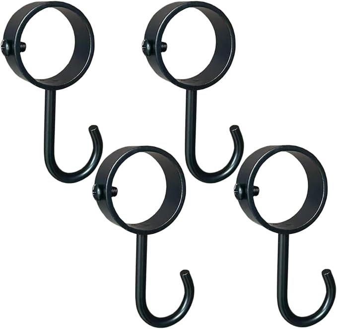 4-Pack Round Clamp-on Hooks for Rod, 1-1/4 Inch (32mm) Inner Diameter, No Drill Wall Hooks for Closet, Shower, Towel, Heavy Duty Metal Hooks for Home Organization, Black