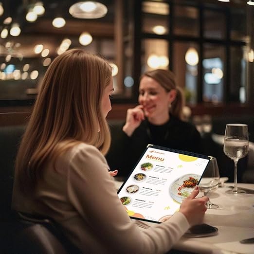 Goodsmart Restaurant Menu Covers – 25 Pack Black 6-View Trifold 8.5" x 11", Side-Loading Vinyl & Plastic Menu Holders, Clear Menu Sleeves, Leather-Style Café Covers with Gold Corners