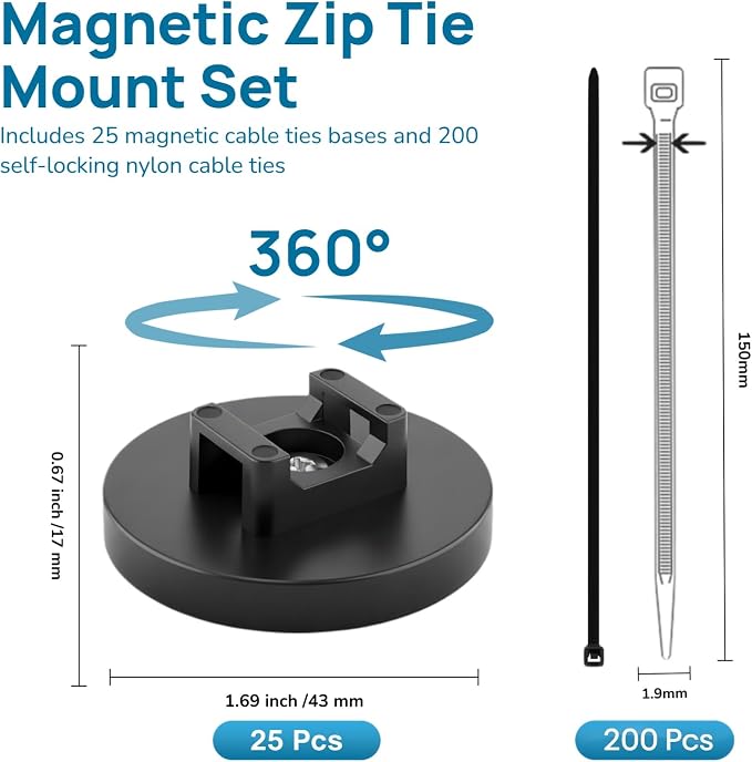 225-Pc Magnetic Cable Ties Set,Magnetic Zip Tie Mounts & Cable Ties | Magnetic Wire Holder, 25 Magnetic Cable Holders & 200 Zip Ties, Magnet Cable Tie Mounts for Cables, Wires, Cords, Hoses-43 mm